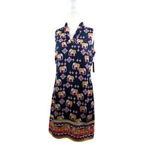 Crown & Ivy Elephant Print Shift Dress Sz 2 XS Navy Beach Coastal Safari Resort